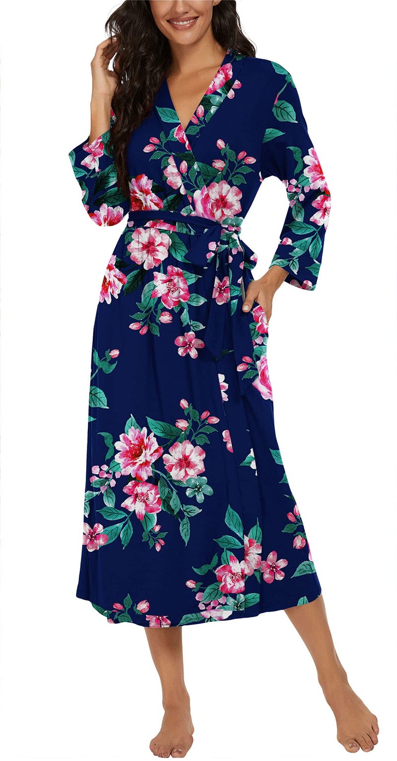 VINTATRE Women Kimono Robes Long Knit Bathrobe Lightweight Soft Knit Sleepwear V-neck Casual Ladies Loungewear FP-Navy Blue-Small - Image 3